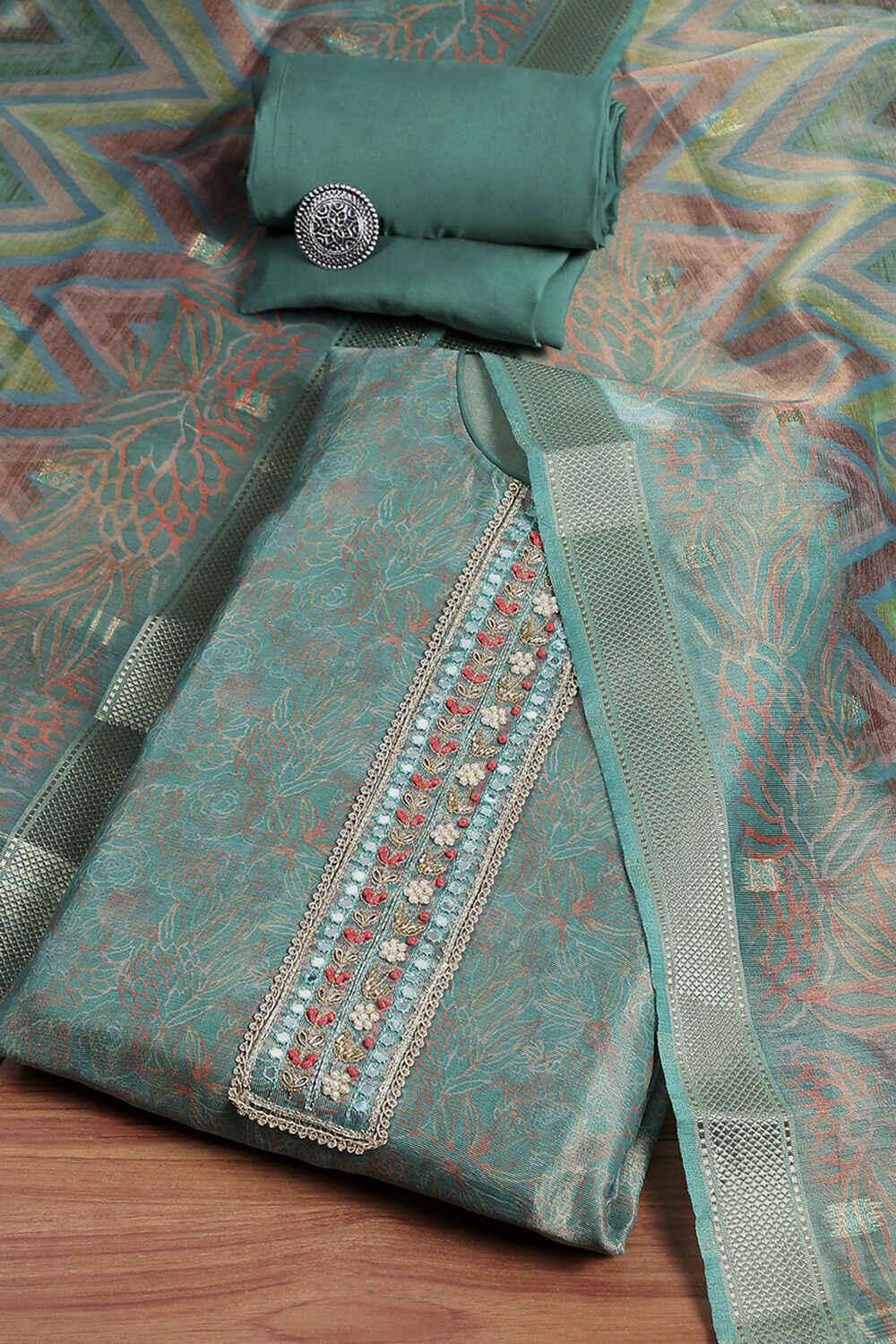 Orange Chanderi Unstitched Suit Set image number 0