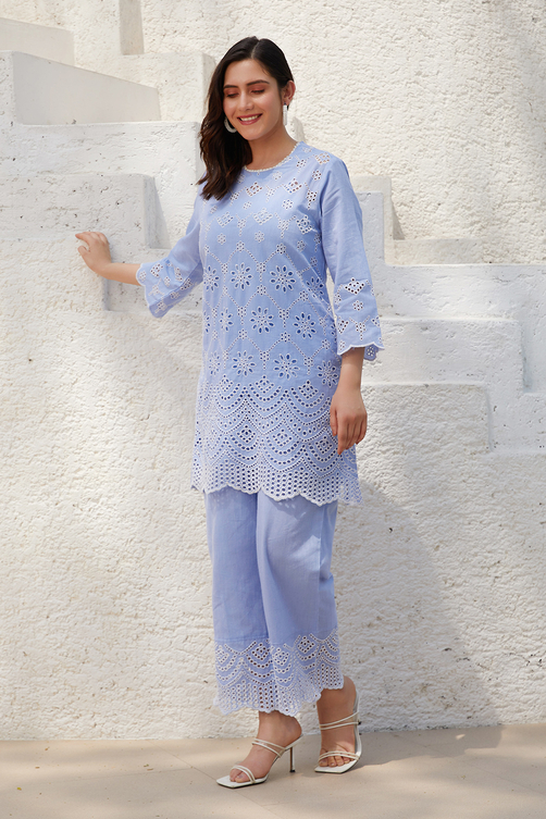 Sky Blue Cotton Schiffli Kurta & Palazzo Suit Set image number 3