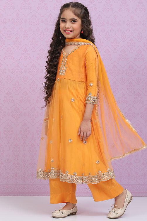 Orange Art Silk A-Line Straight Kurta Palazzo Suit Set image number 6