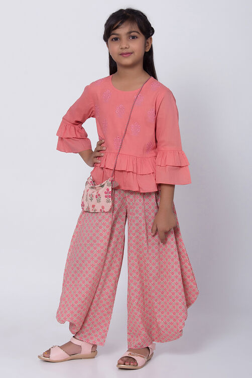 Peach Cotton Flared Kurta Dhoti Pant Suit Set image number 2