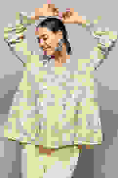 Beige Cotton Floral Printed A-Line Kurti image number 1