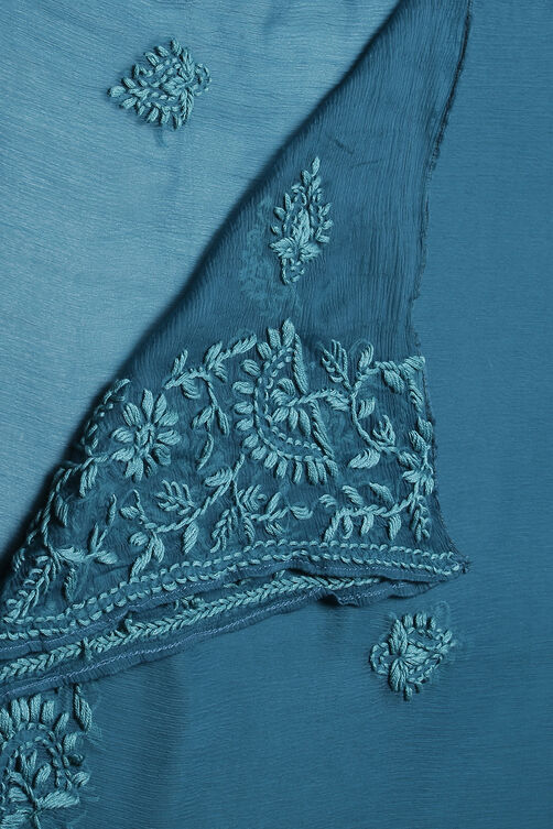 Teal Cotton Silk Straight Kurta Pant Suit Set image number 2