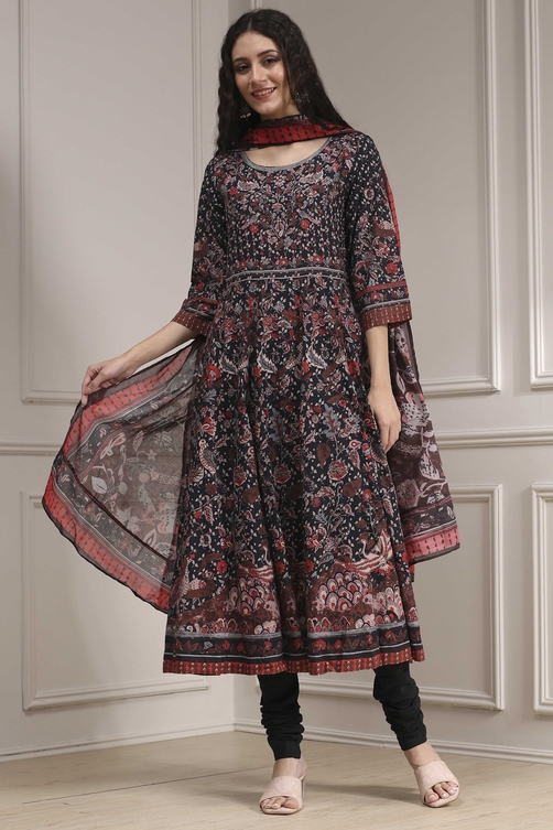 Black Cotton Fitted Anarkali Suit Set image number 6