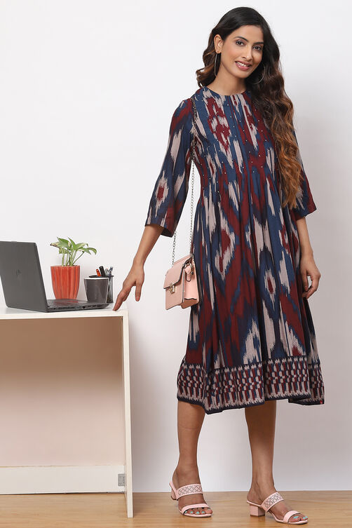 Navy Maroon LIVA Flared Printed Kurta Dress image number 0