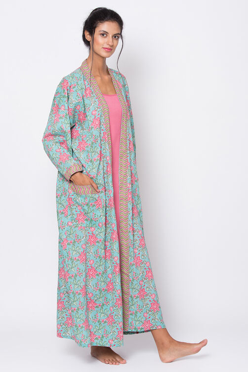 Teal And Pink Cotton Printed Sleepwear Robe image number 3