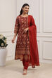Red Cotton Straight Kurta Churidar Suit Set image number 6