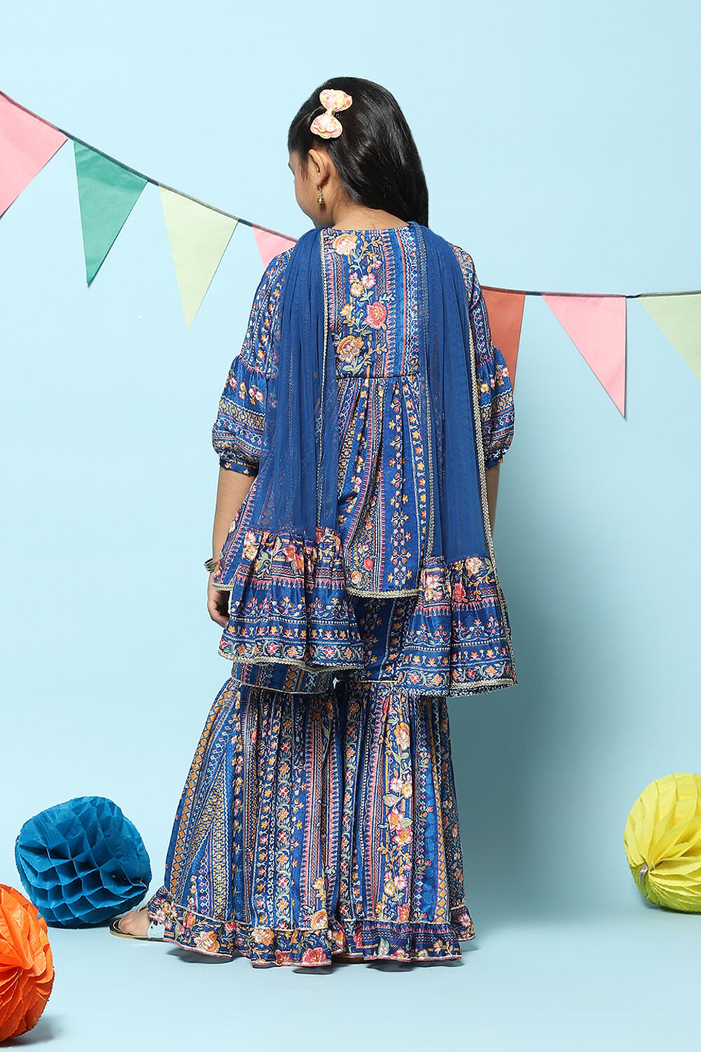 Blue Polyester Gathered Printed Suit Set image number 4