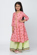 Pink And Green Cotton Anarkali Kurta Sharara Suit Set image number 2