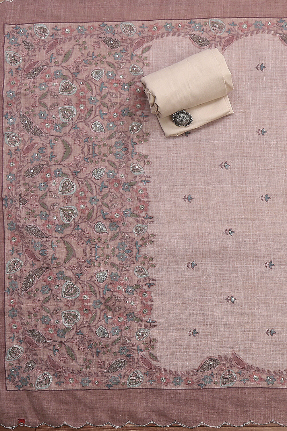 Peach Linen Blend Hand Embroidered Unstitched Suit Set image number 3