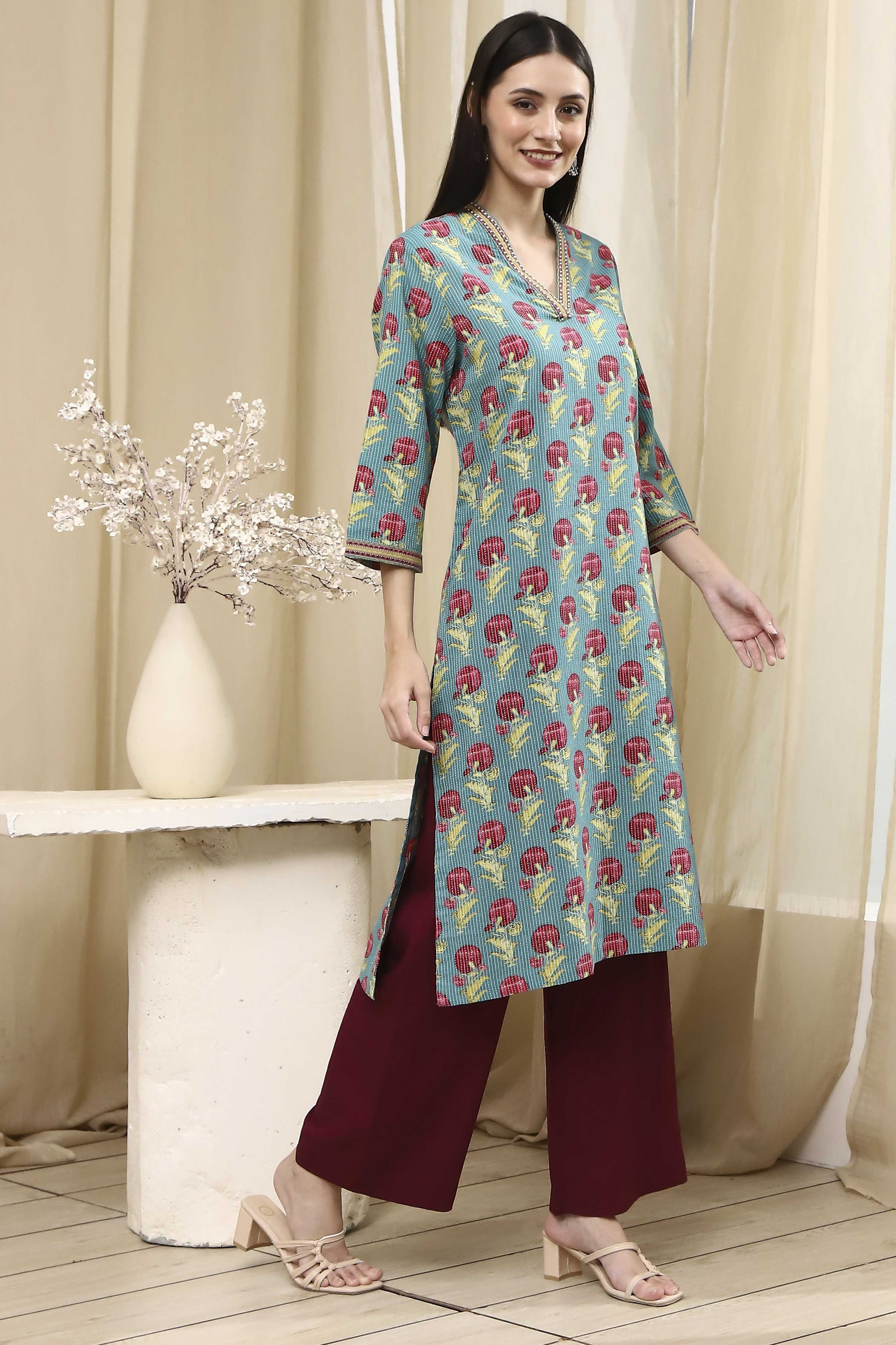 Teal Cotton Printed Straight Kurta image number 4