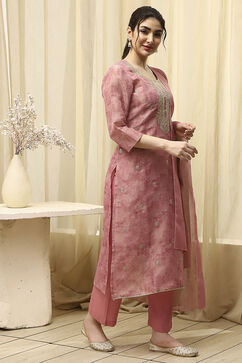 Pink Chanderi Machine Embroidered Unstitched Suit Set image number 6