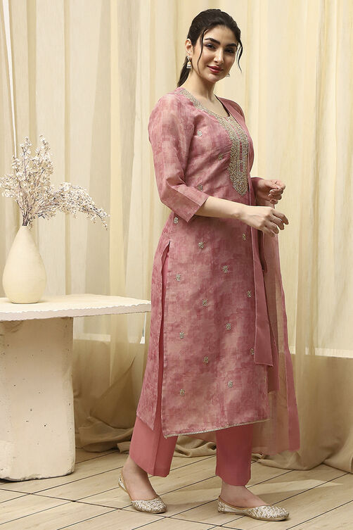 Pink Chanderi Machine Embroidered Unstitched Suit Set image number 6