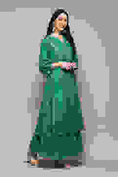 Green Cotton Flared Printed Kurta image number 5