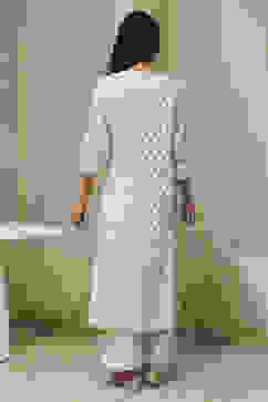 Off-White Cotton Printed Gathered Suit Set image number 4