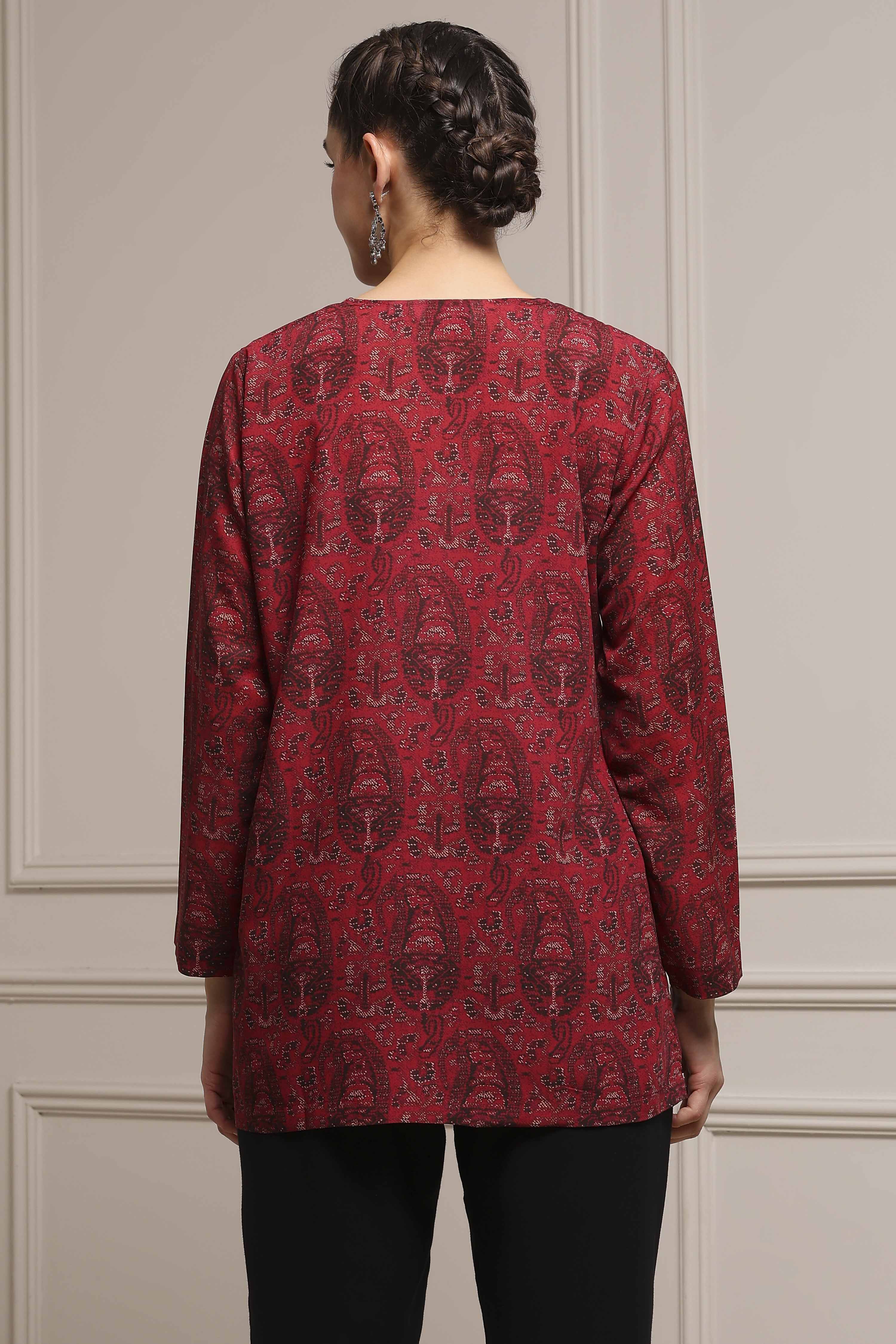 Maroon Black Polyester Straight Printed Kurta image number 3