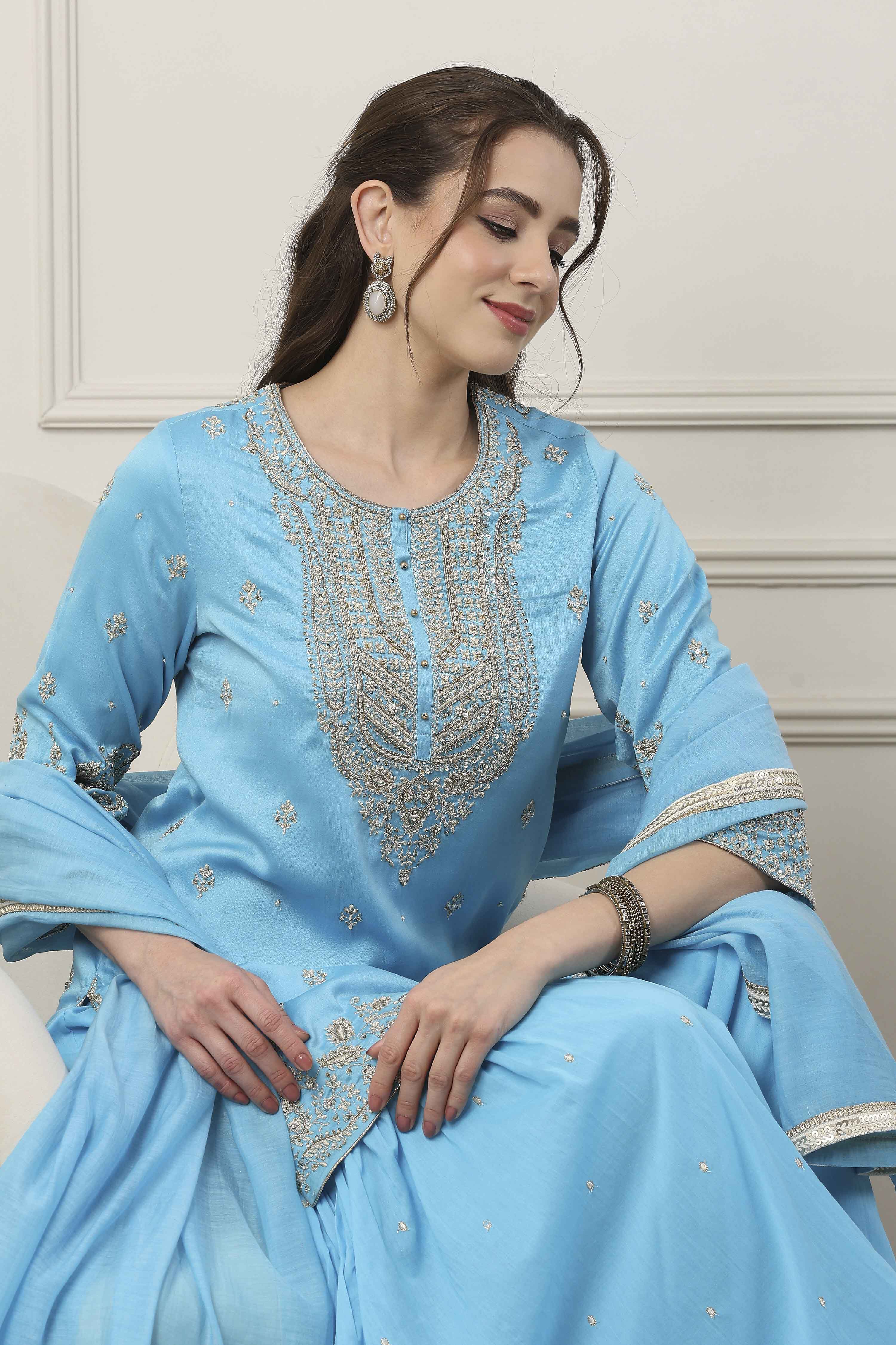 Blue Silk Chanderi Yoke Embroidered Straight Suit Set image number 0
