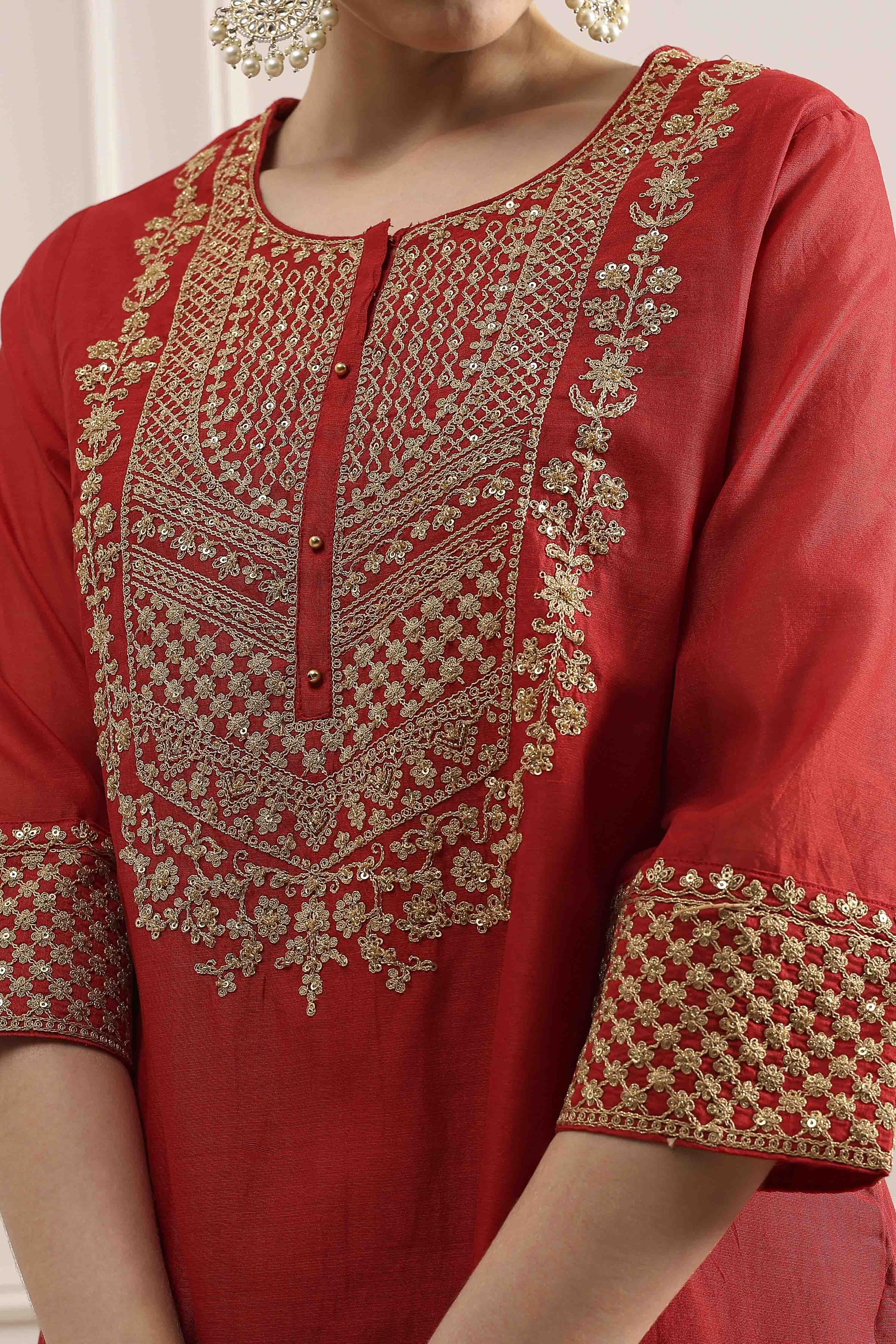 Red Embroidered Art Silk Straight Suit Set image number 1