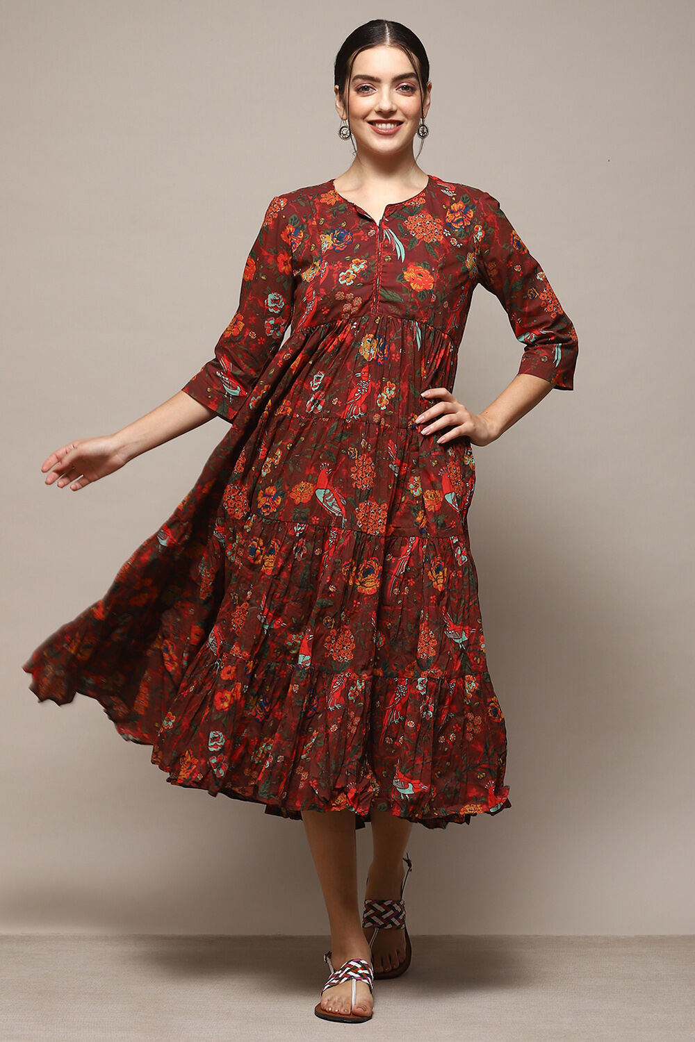 Green & Maroon Cotton Flared Printed Dress image number 0