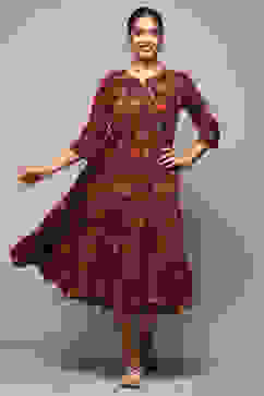 Green & Maroon Cotton Flared Printed Dress image number 0