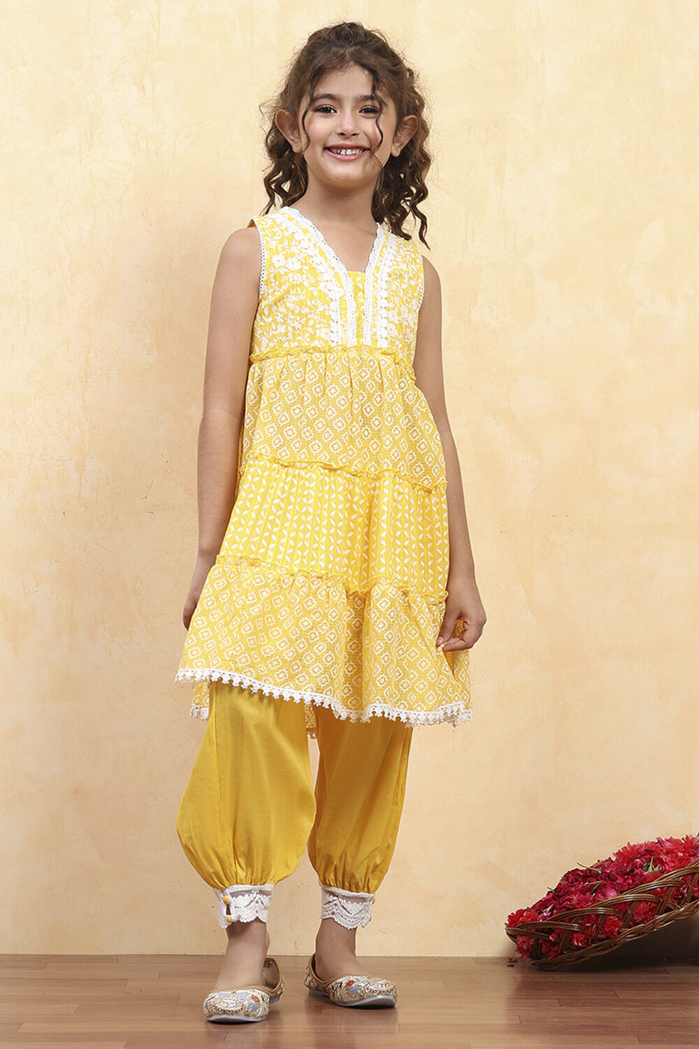 Dark Blue Cotton Tiered Printed Kurta Salwar Set image number 6