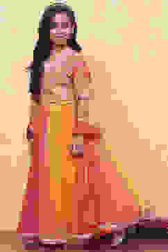 Yellow and Pink Embellished Festive Flared Lehenga Set image number 3