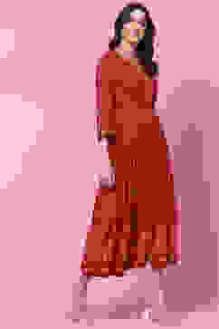 Rust LIVA Flared Fusion Printed Dress image number 3