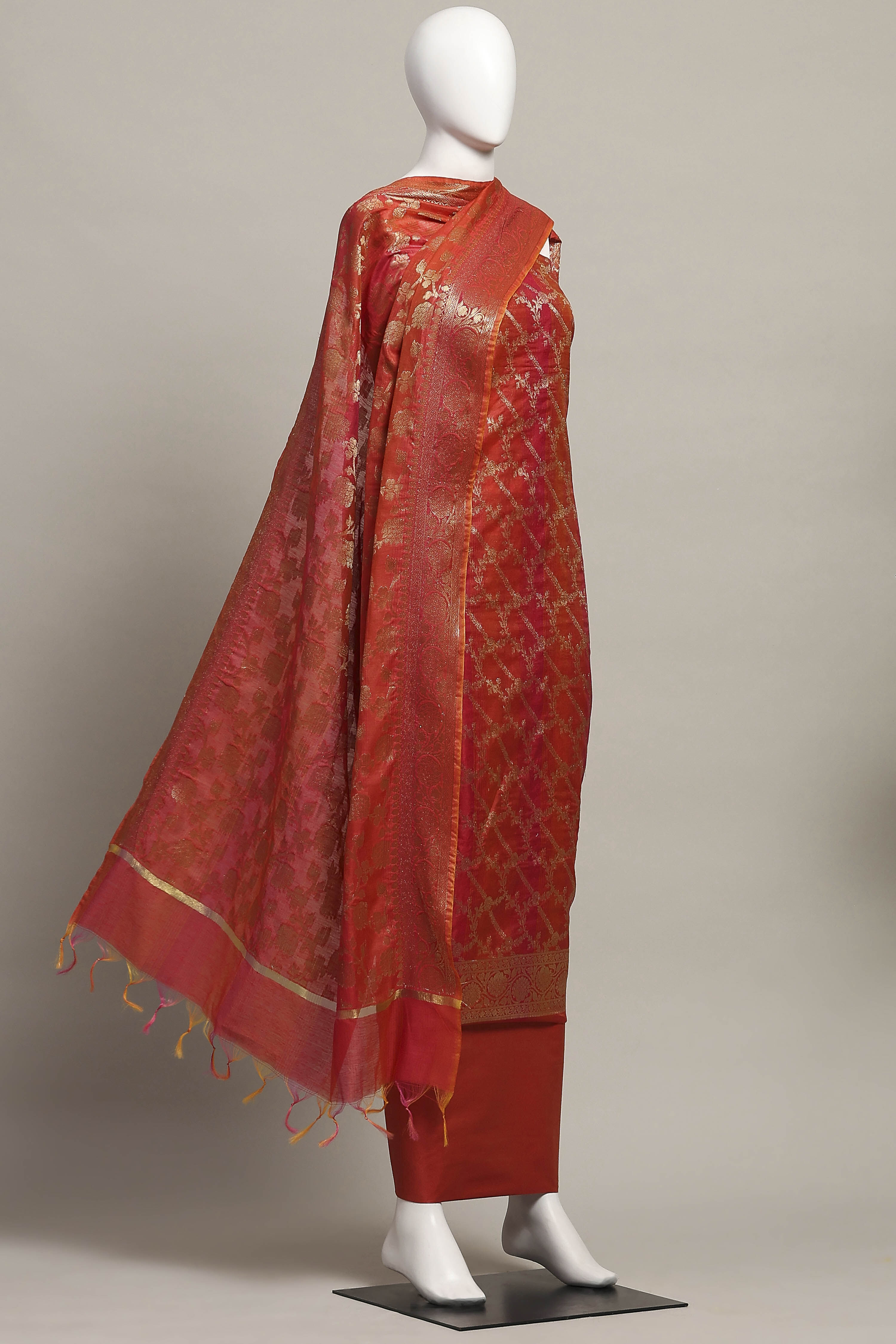 Pink Cotton Printed Embroidered Unstitched Suit Set image number 4
