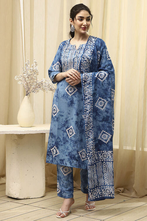 Blue Cotton  Unstitched Suit Set image number 1