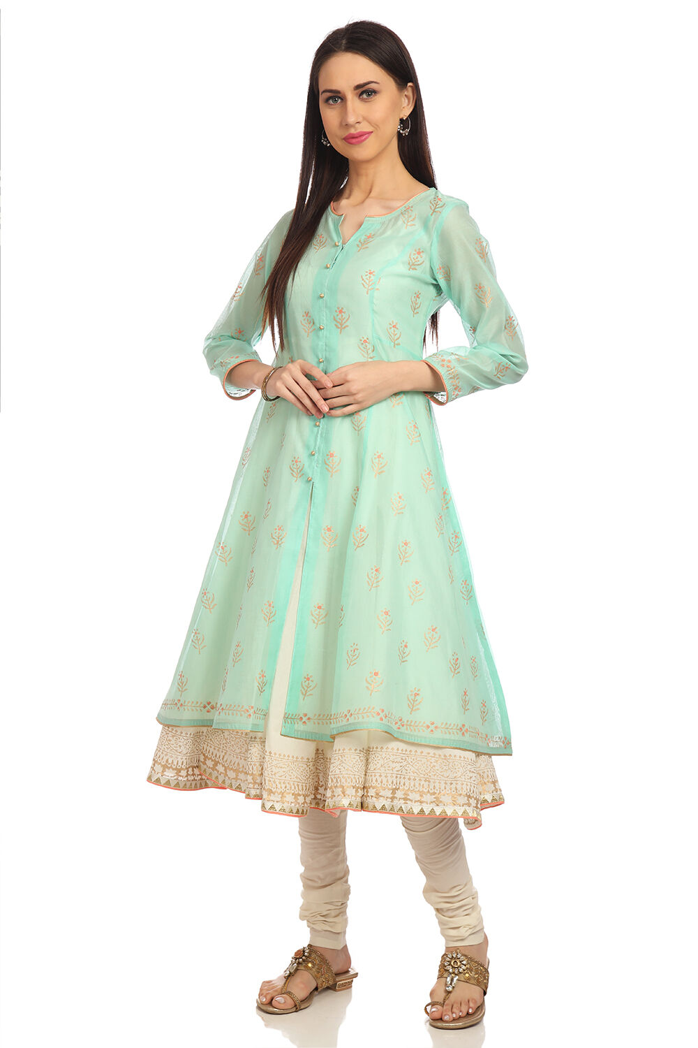 Aqua Front Open Cotton Kurta Churidar Suit Set image number 3