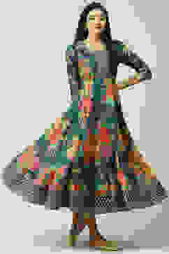 Teal Cotton Flared Fusion Printed Dress image number 5