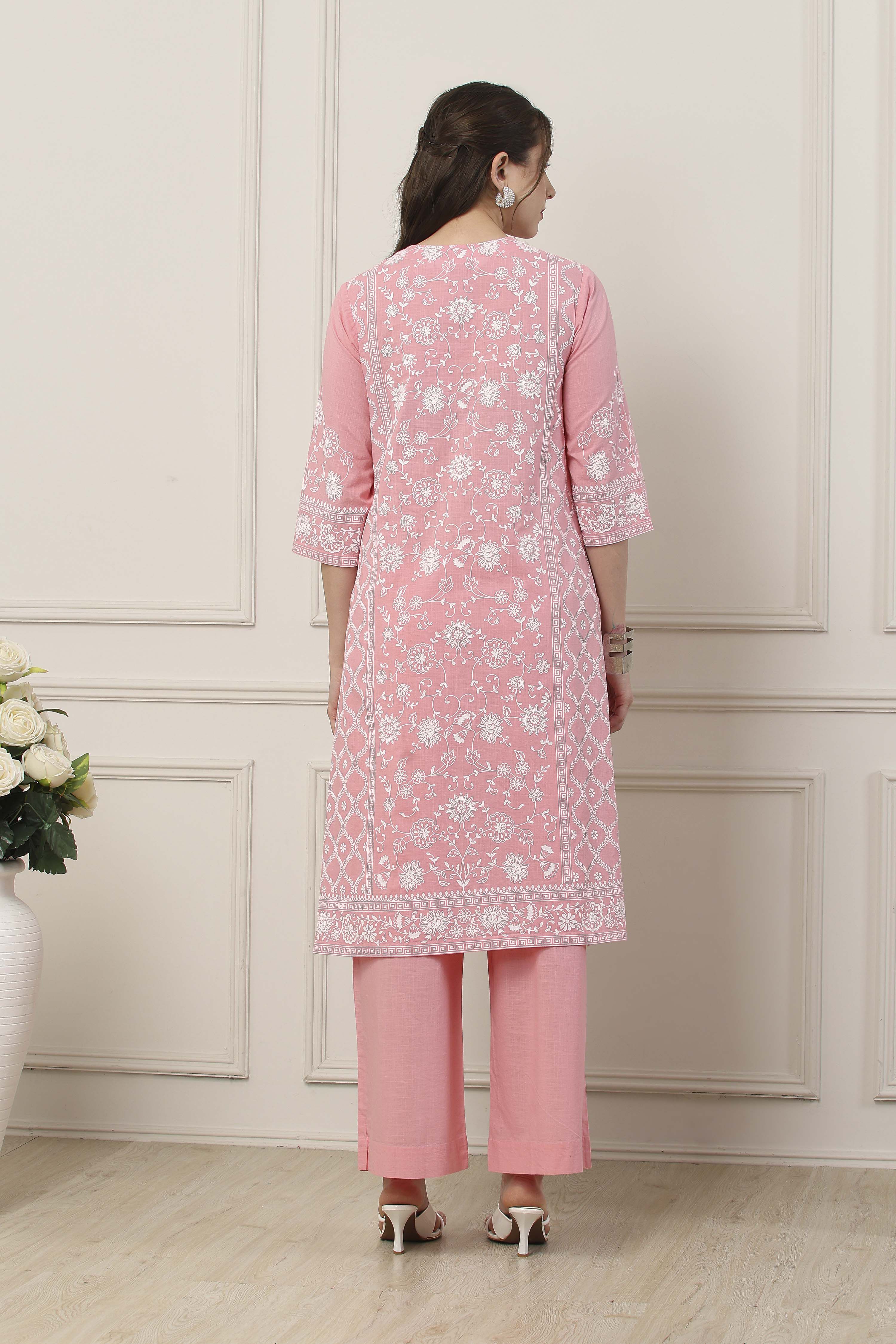 Pink & White Cotton Floral Printed Straight Suit Set image number 4