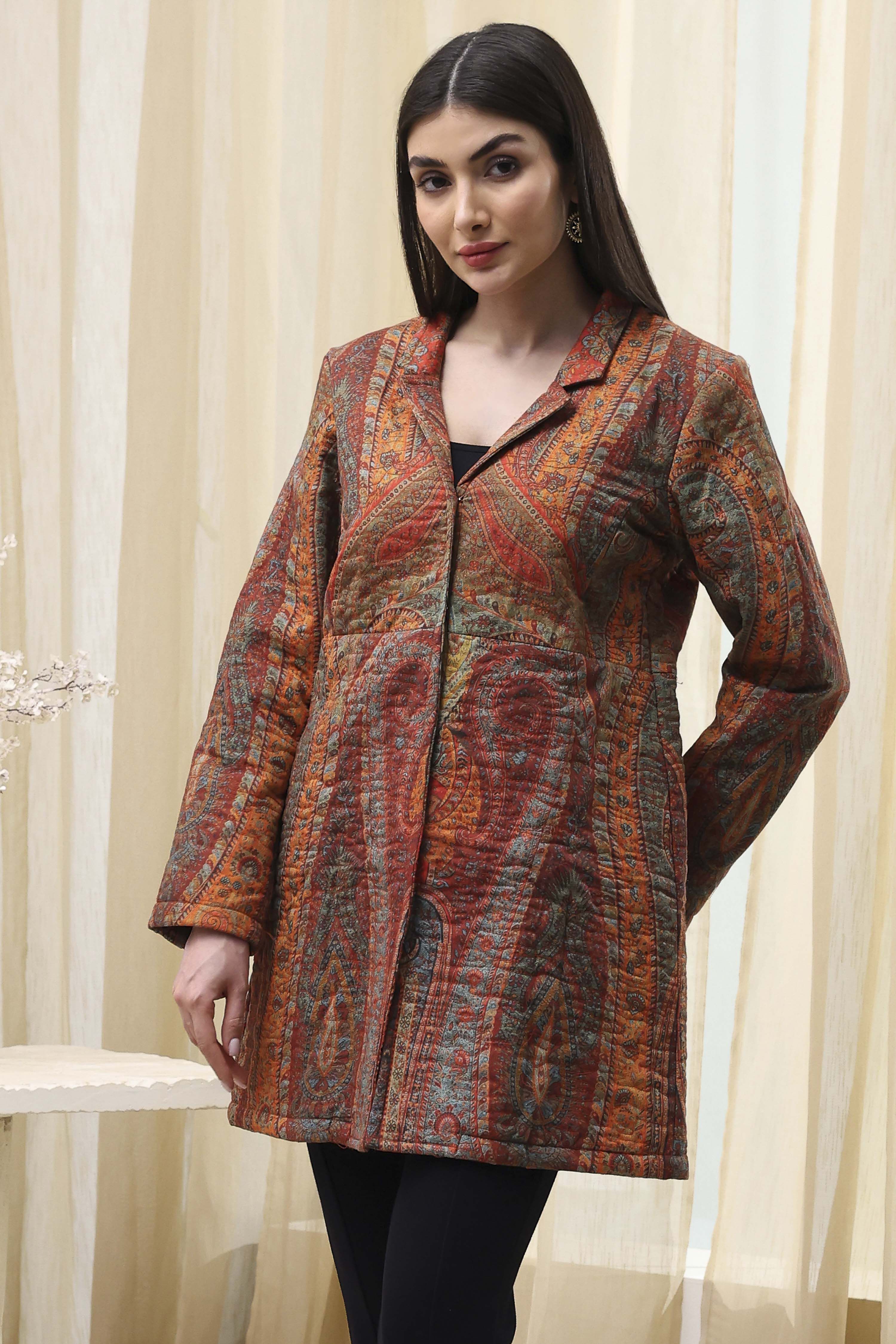 Burnt Orange Rayon Straight Printed Jacket image number 2