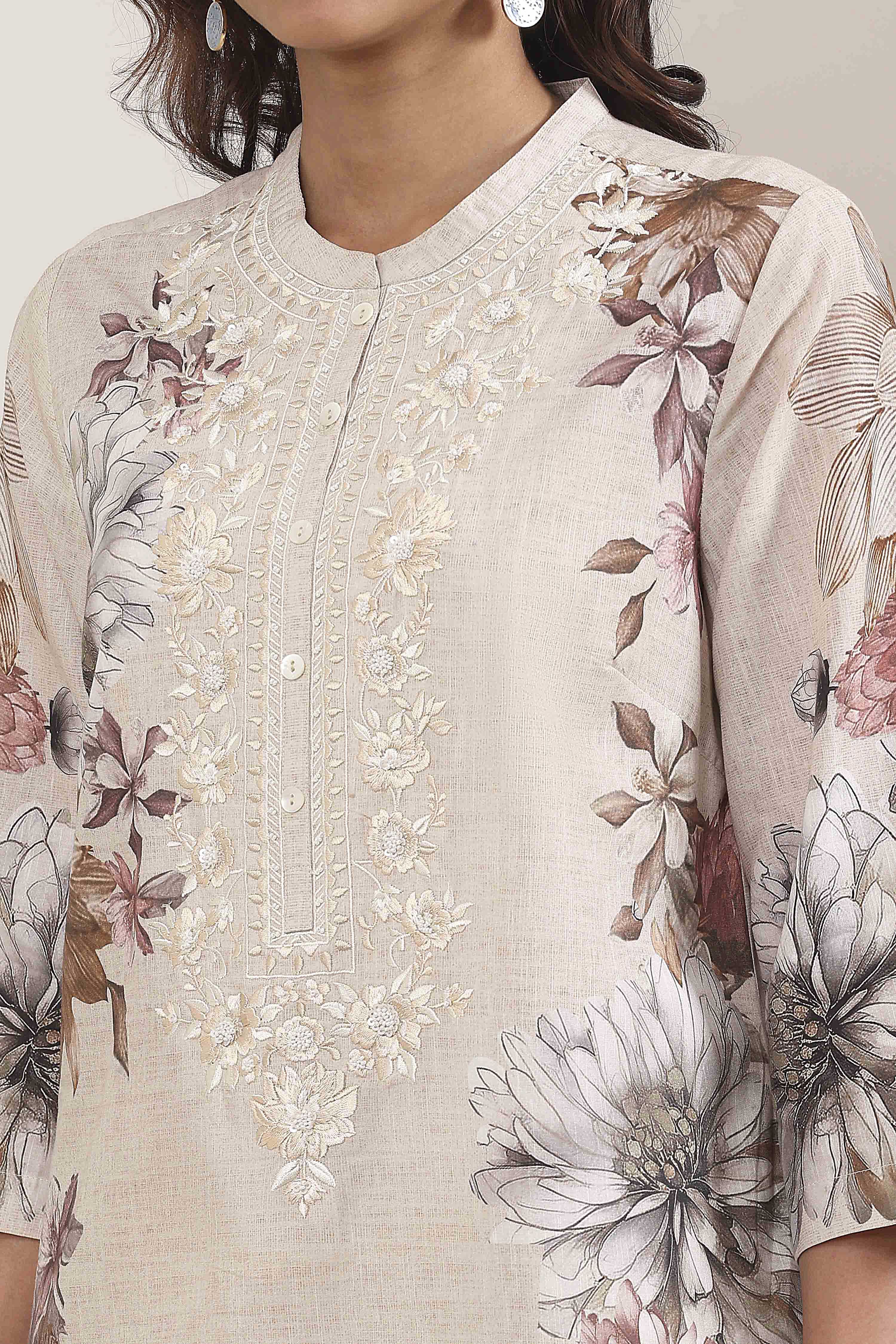 Beige Cotton Floral Printed Straight Kurta Set image number 1