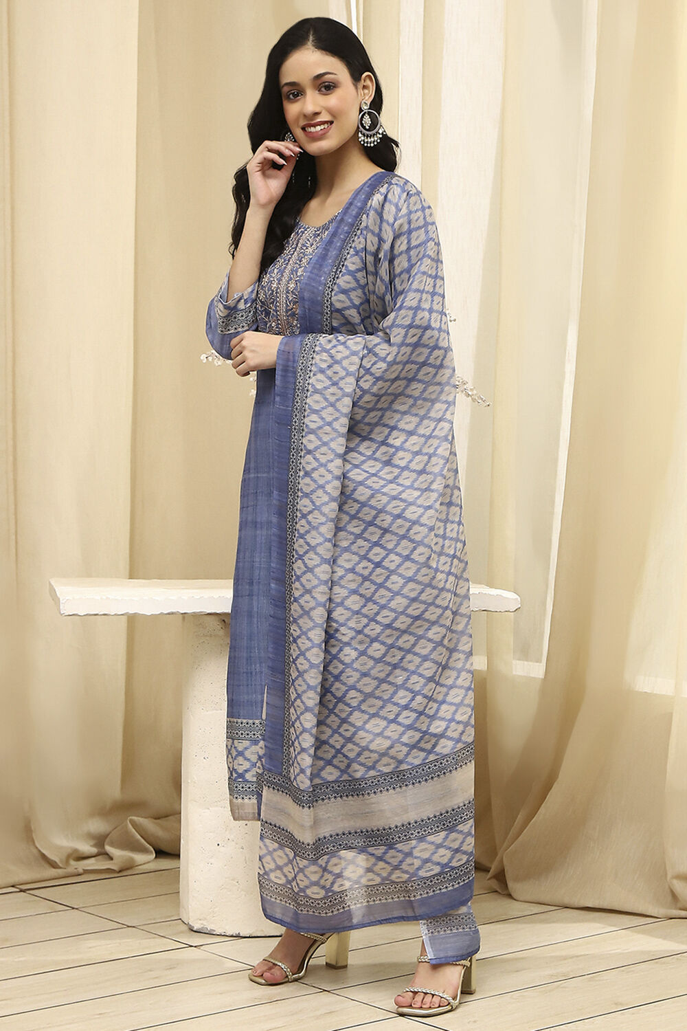 Blue Cotton Machine-Embroidered Unstitched Suit Set image number 4