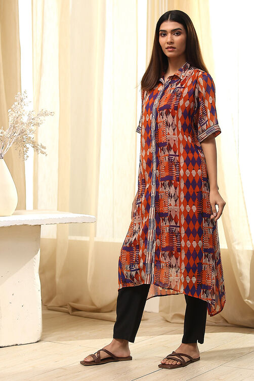 Orange Printed Shirt-Style Straight Kurta image number 2