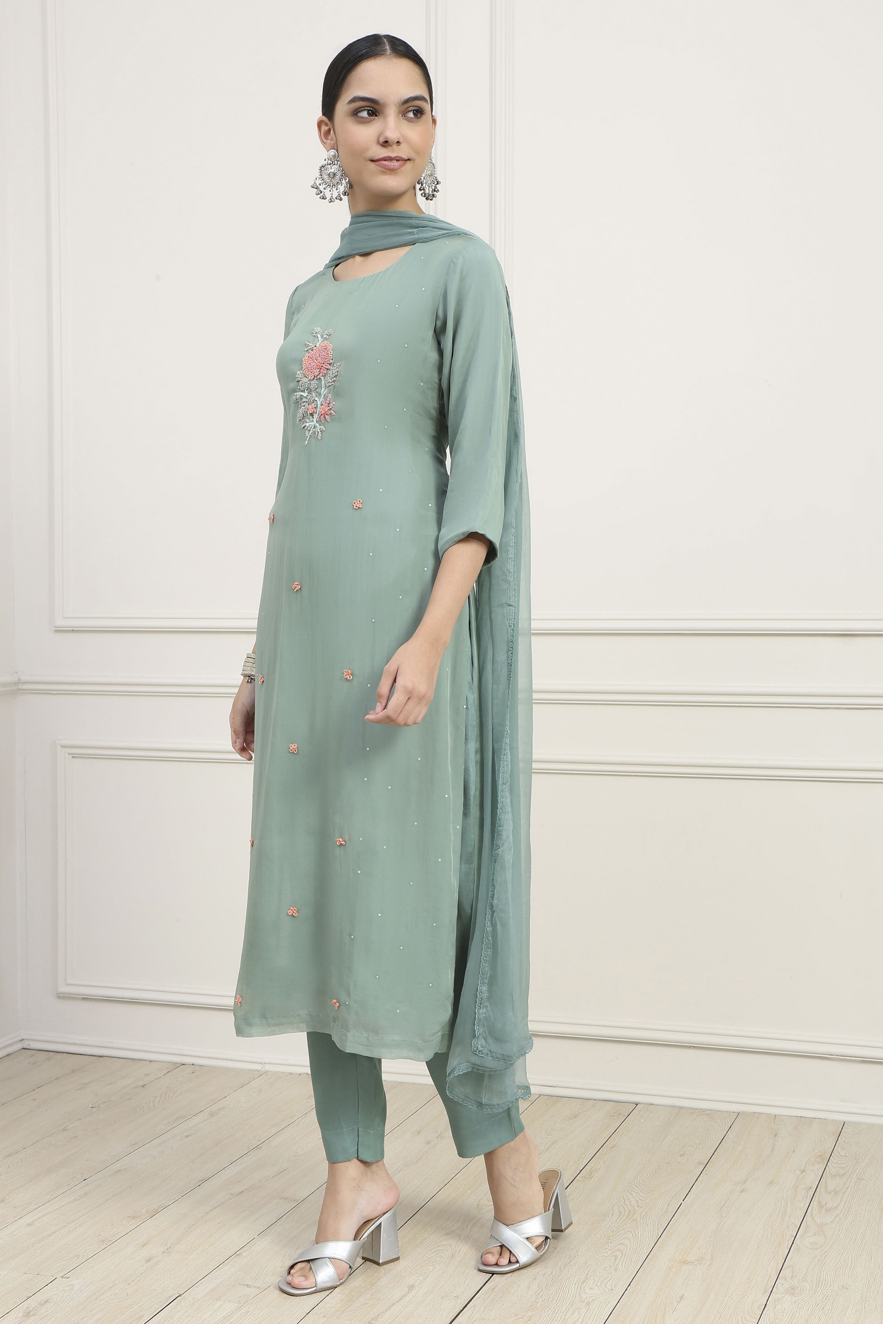 Dull Green Viscose Organza Hand Embroidered Unstitched Suit Set image number 4