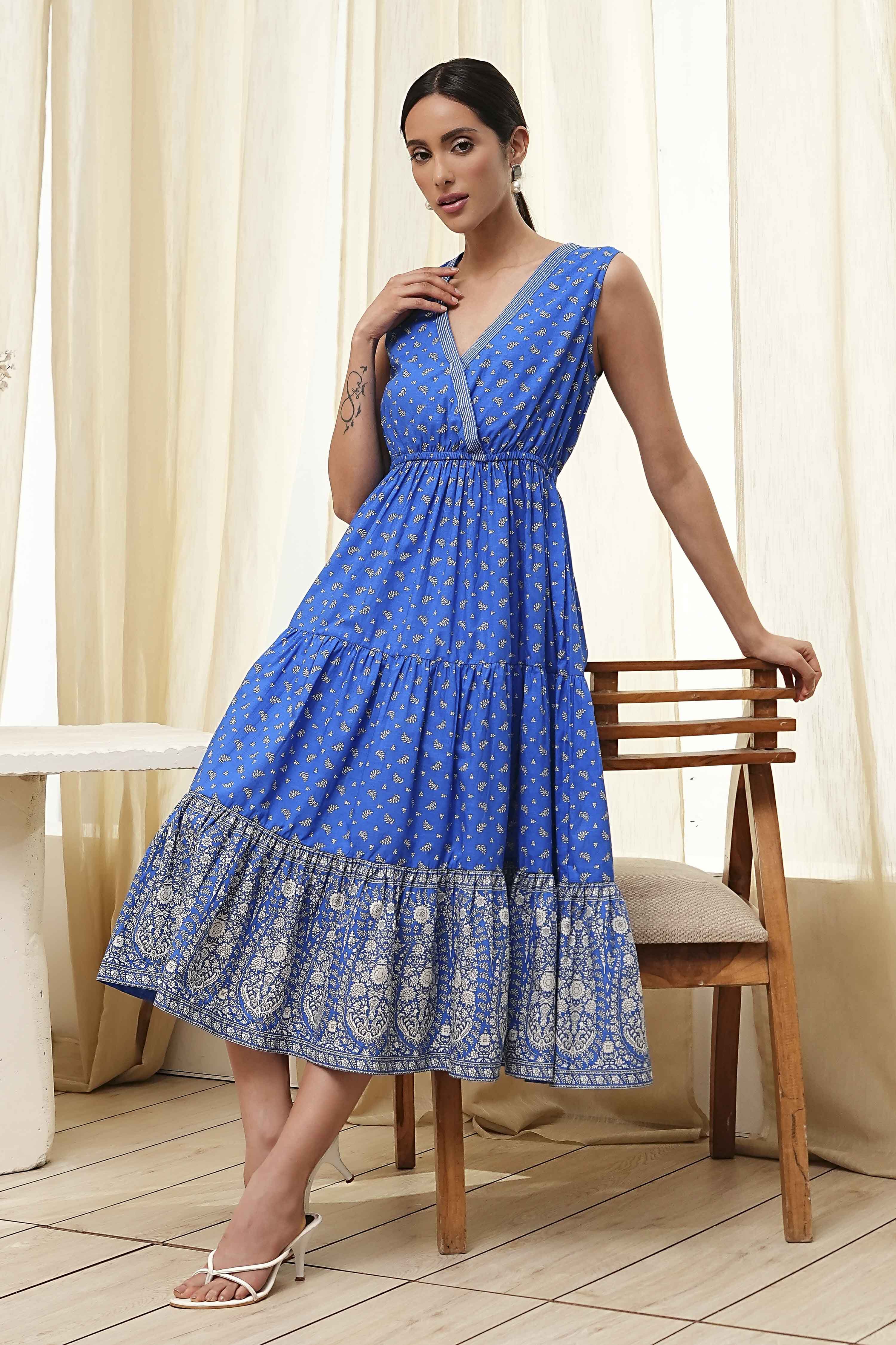 Blue Cotton Printed Tiered Dress image number 6