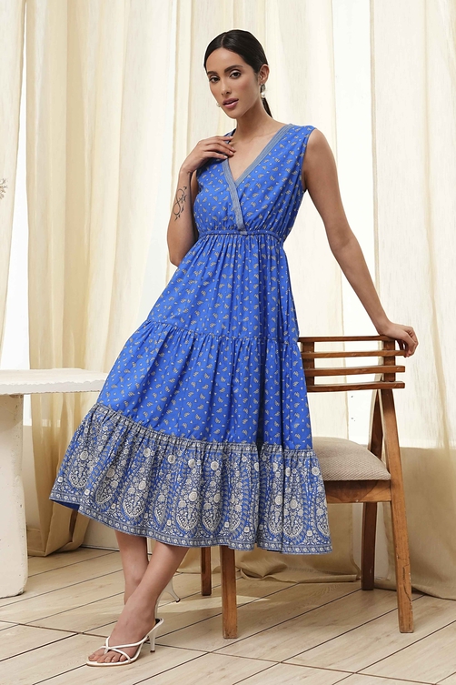 Blue Cotton Printed Tiered Dress image number 6