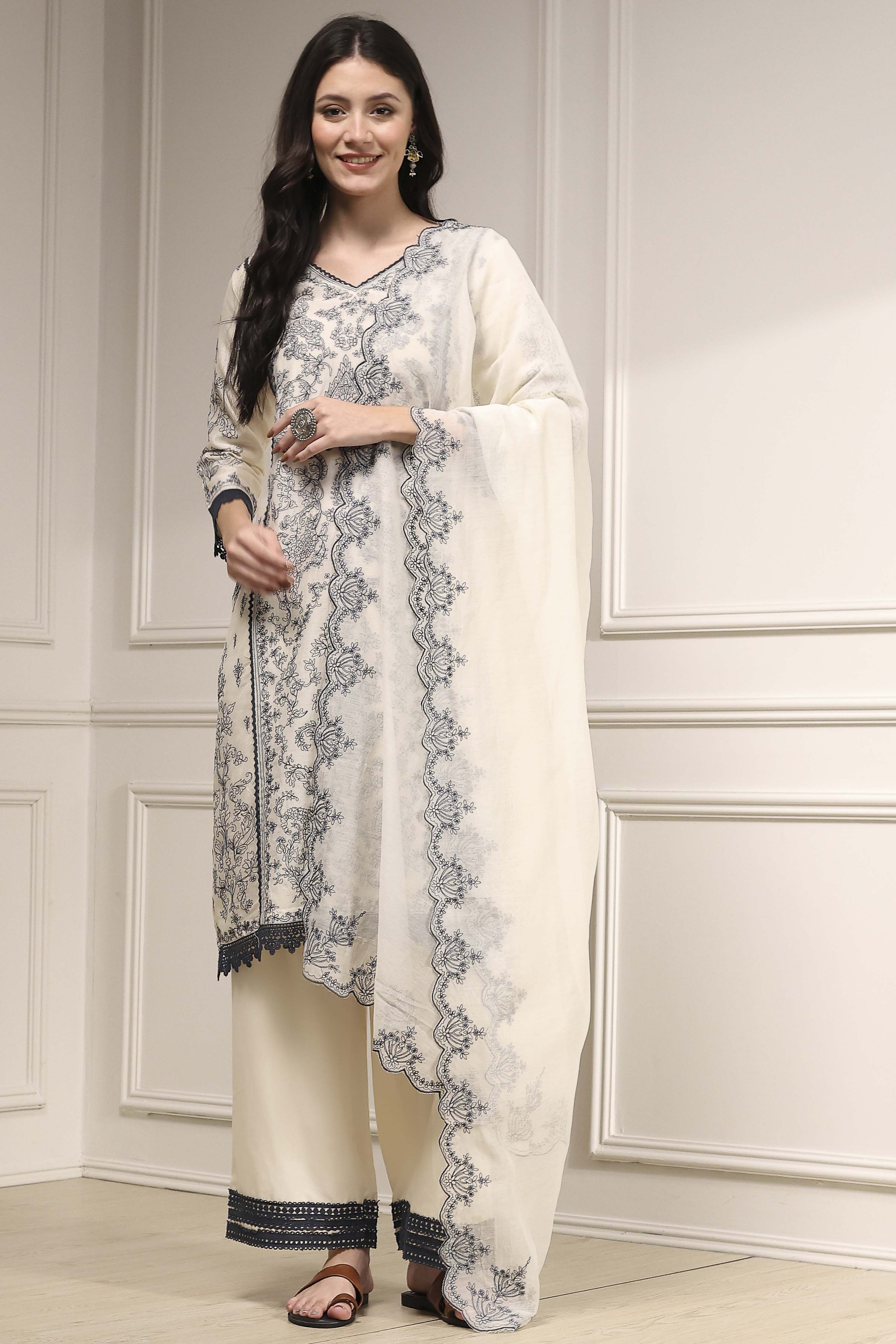 Natural White Chanderi Embroidered Straight Suit Set image number 6