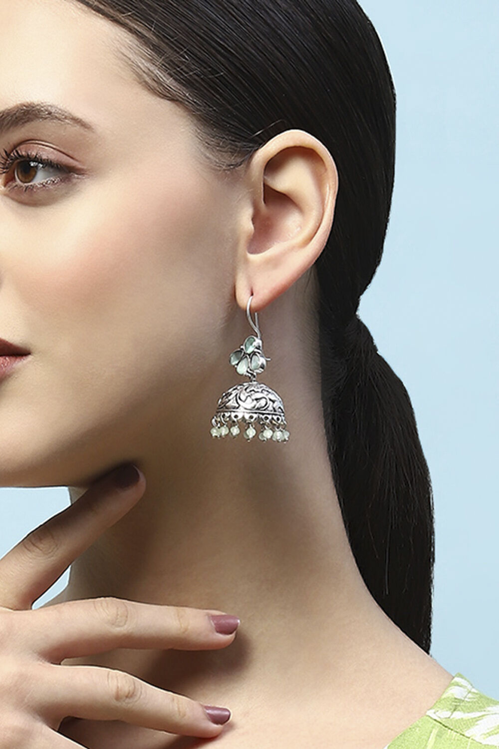 Mint Green Oxidised Stone Studded Jhumkas image number 3