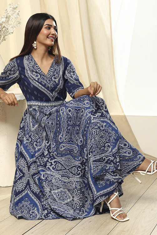 Indigo Cotton Printed Flared Wrap Dress image number 6