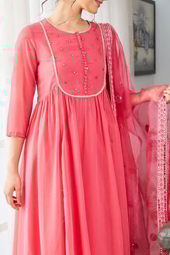 Pink Embroidered Gathered Kurta & Palazzo Suit Set image number 1