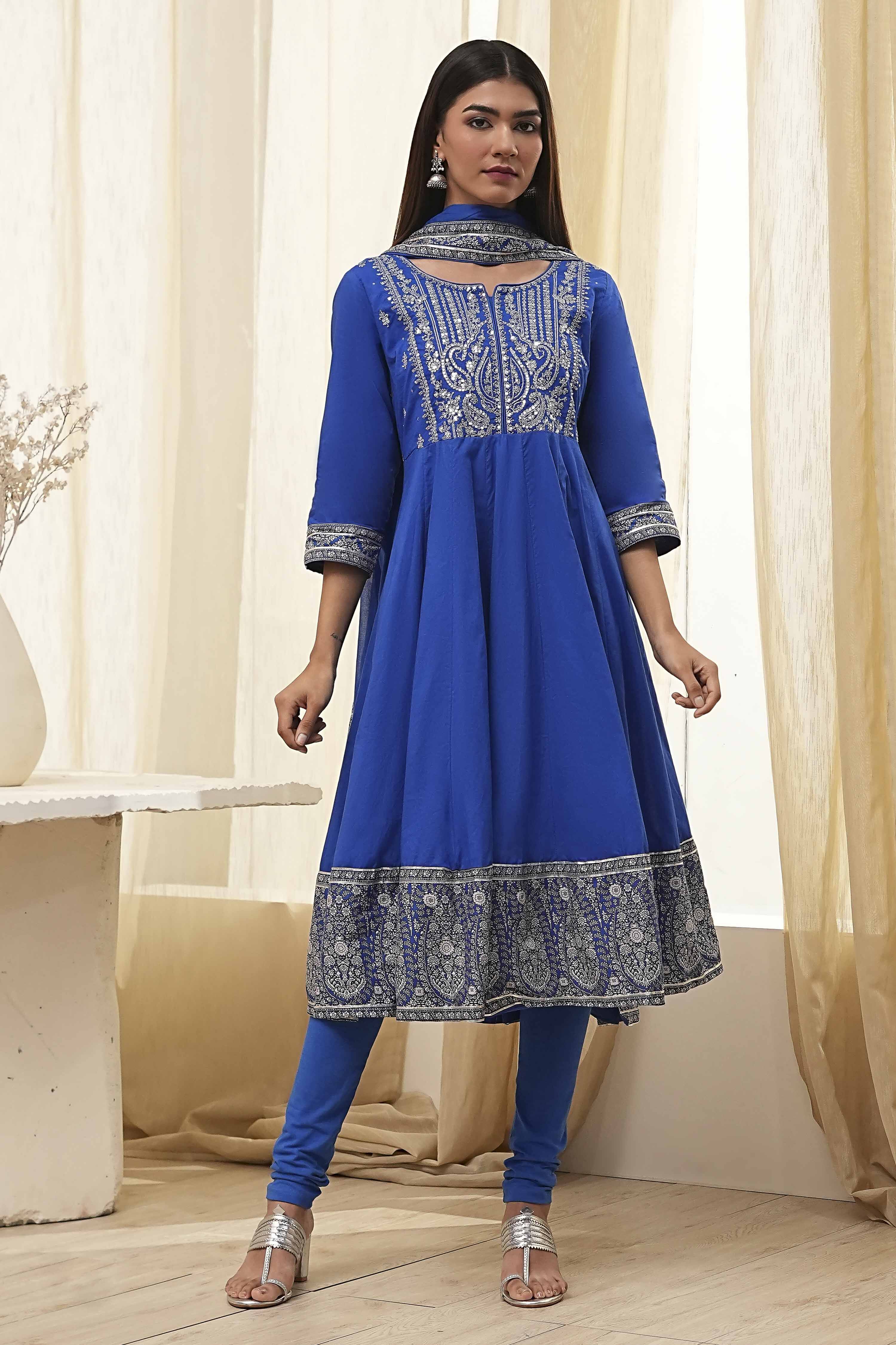 Blue Cotton Embroidered Anarkali Suit Set image number 6