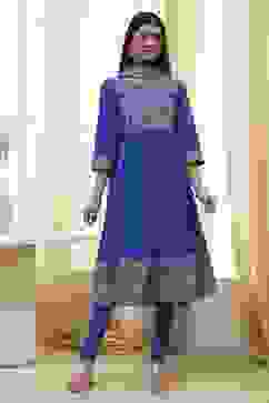 Blue Cotton Embroidered Anarkali Suit Set image number 6