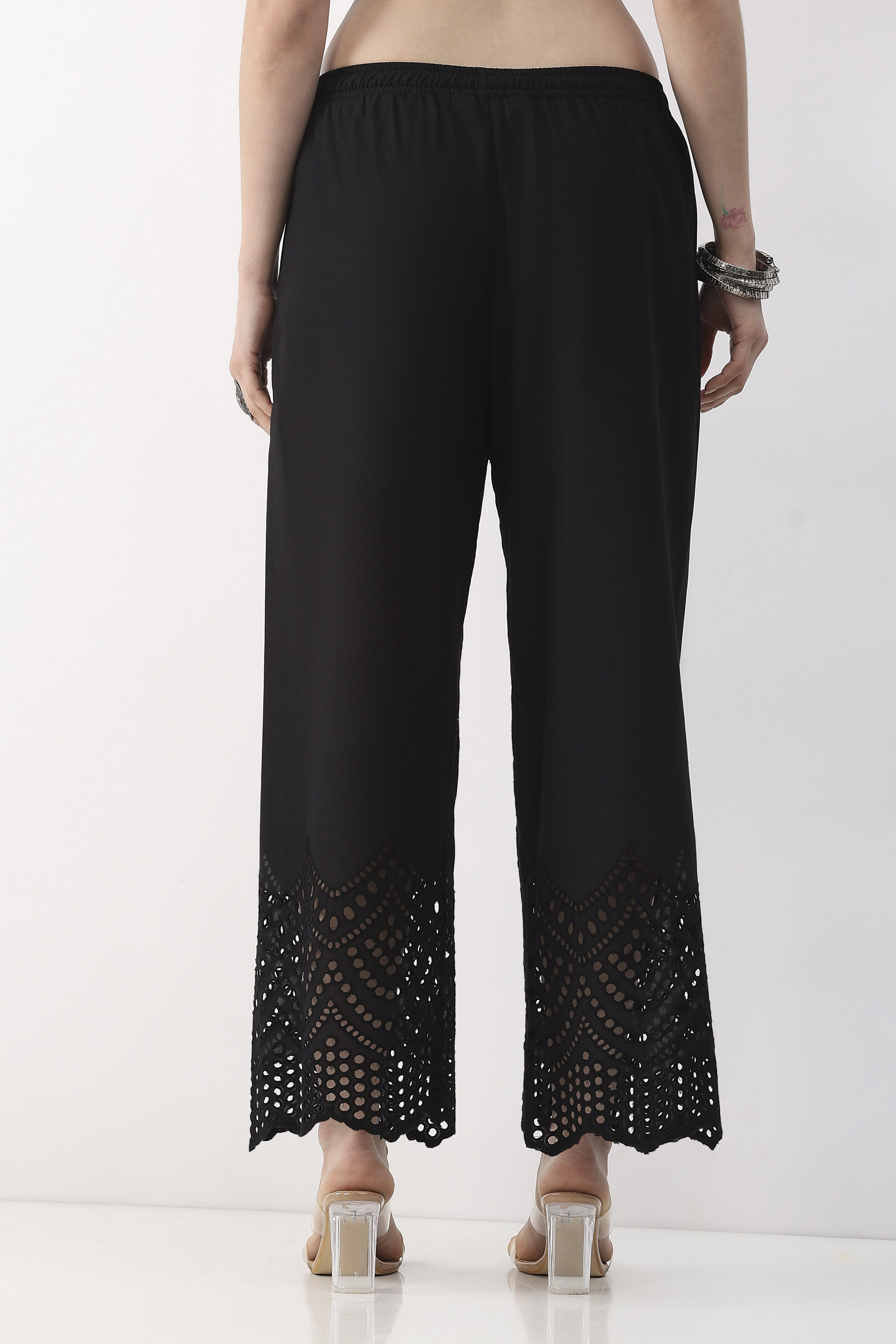 Black Cotton Straight Palazzos image number 3