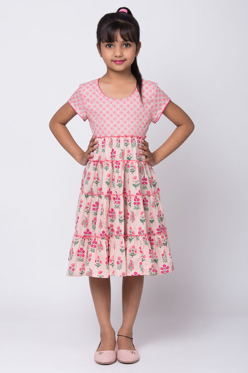 Peach Cotton Flared Printed Dress image number 2