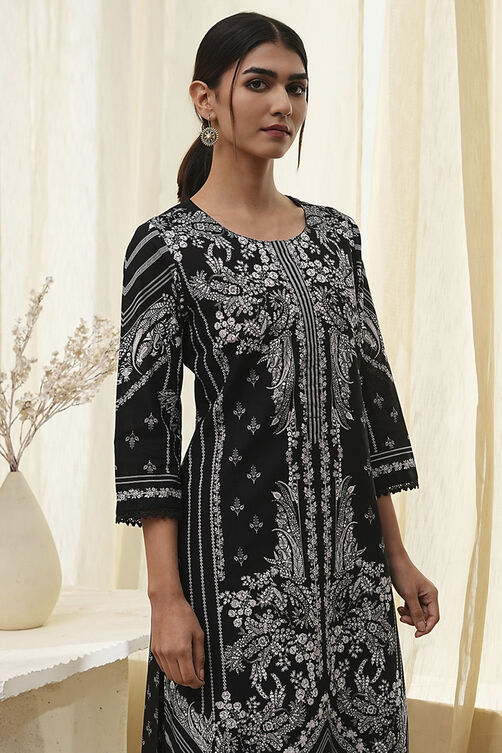 Black Pure Cotton Printed Straight Kurta image number 1