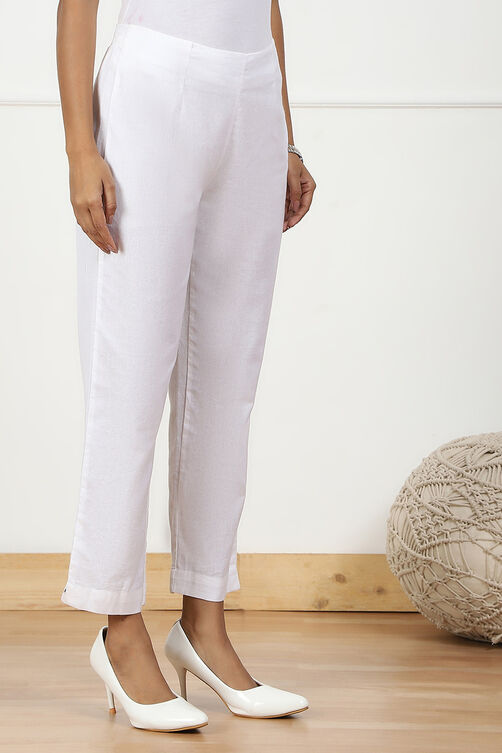 White Solid Cotton Blend Narrow Pants image number 3