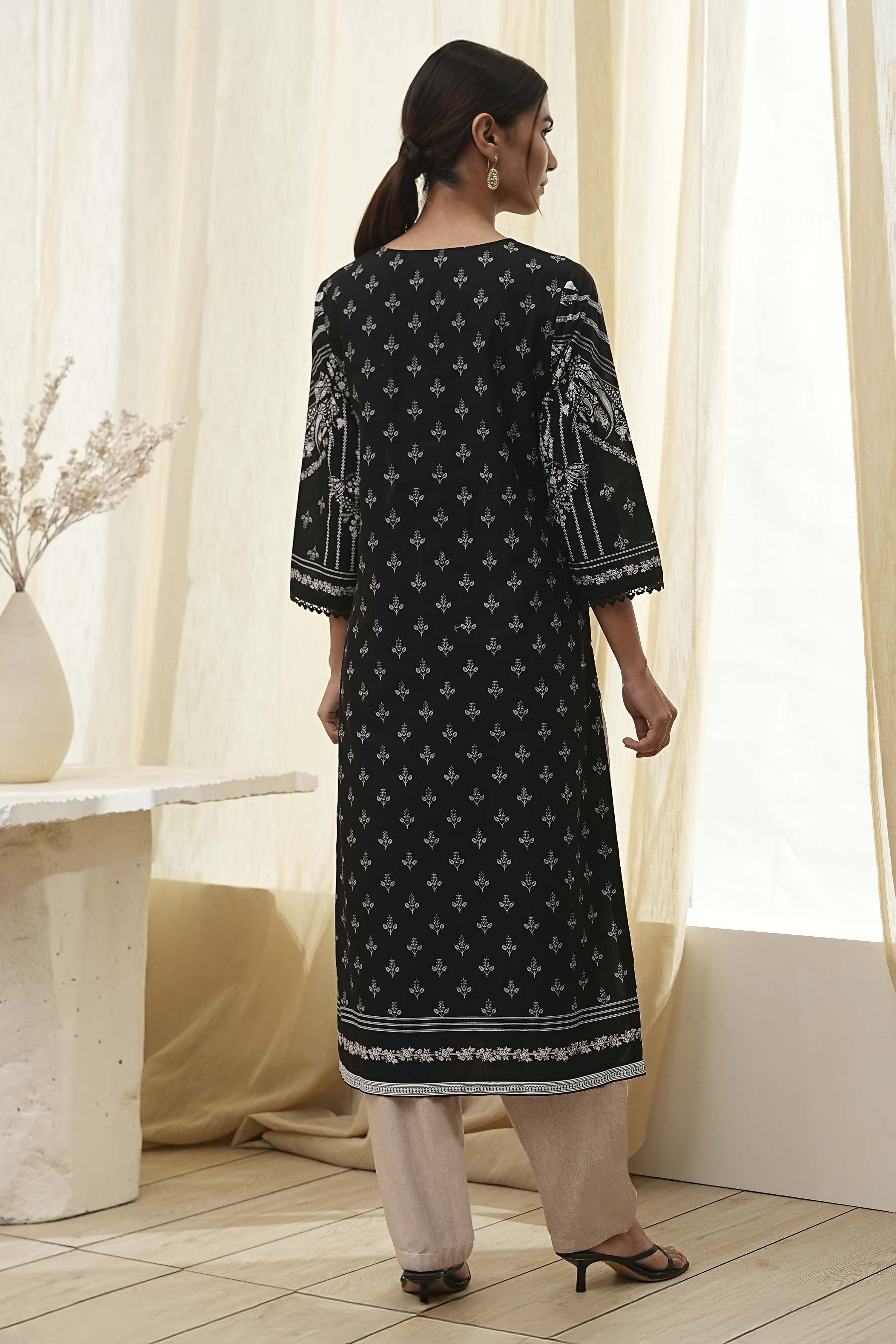 Black Pure Cotton Printed Straight Kurta image number 3