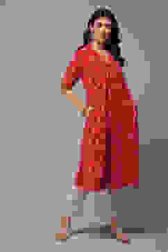 Pink Cotton Straight Yarndyed Kurta image number 4